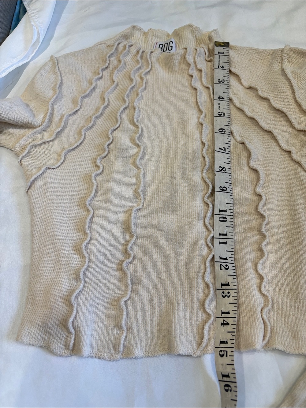 Cream Long-Sleeve Textured Ruffle-Trim Top - Picture 9 of 10